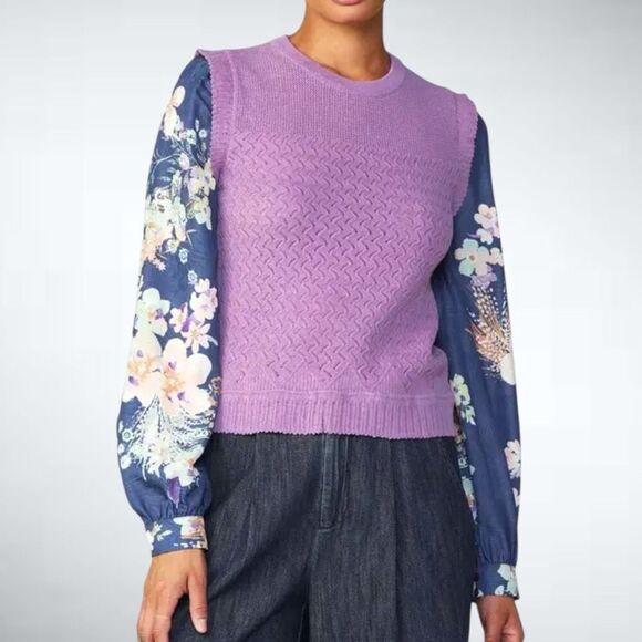 Size L Anthropologie Current Air Floral Woven Sleeve Sweater Combo Top in Lilac - Picture 1 of 13